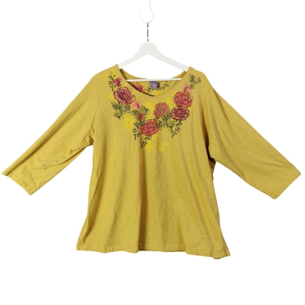 Laura Scott Floral Top Embroidered 3/4 Sleeve Rhinestones Blouse‎ Women Size 2X